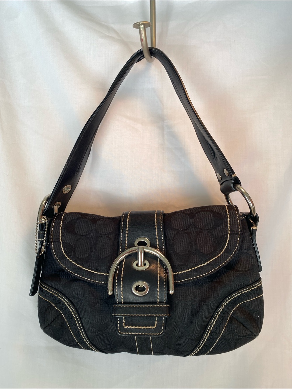 Coach K063-10602 Black Signature Canvas Shoulder Bag with Silver Buckle Detail